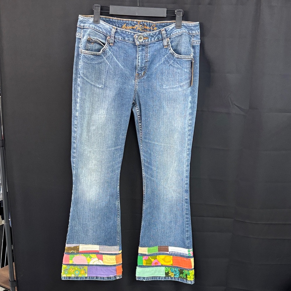 Arizona Jean Company Blue Flare Jeans with Colorful Hem by “Jagged Threads”